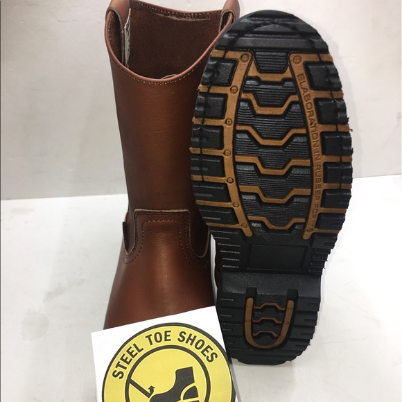 Men's Work STEEL TOE Boots Pull On Leather Brown Bota Trabajo Con Casquillo 410 - Picture 7 of 8